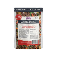 Health Extension gently cooked beef-potato dog food pack highlighting convenient shelf-stable meals.