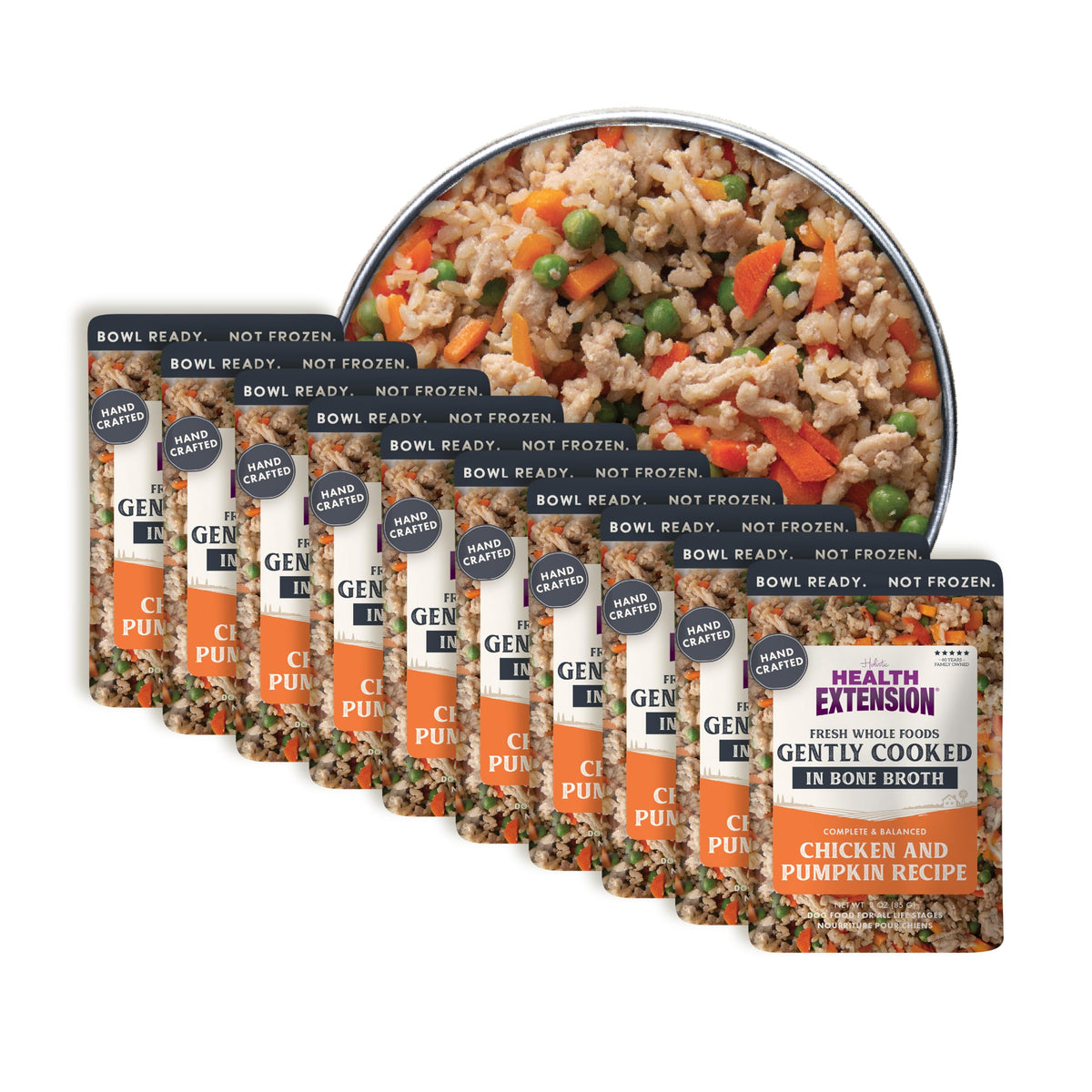 Health Extension Gently Cooked chicken-pumpkin pouch poured into bowl for easy, ready-to-serve meals.