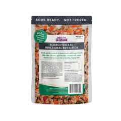 Health Extension Gently Cooked Duck & Kale Dog Food open pouch ready to pour for quick meals.