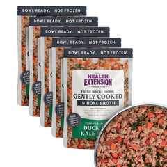 Health Extension Gently Cooked Duck & Kale dog food pouch shows home-cooked quality and convenience