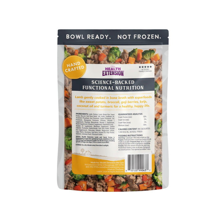 Health Extension gently cooked lamb dog food pouch pack ready to serve