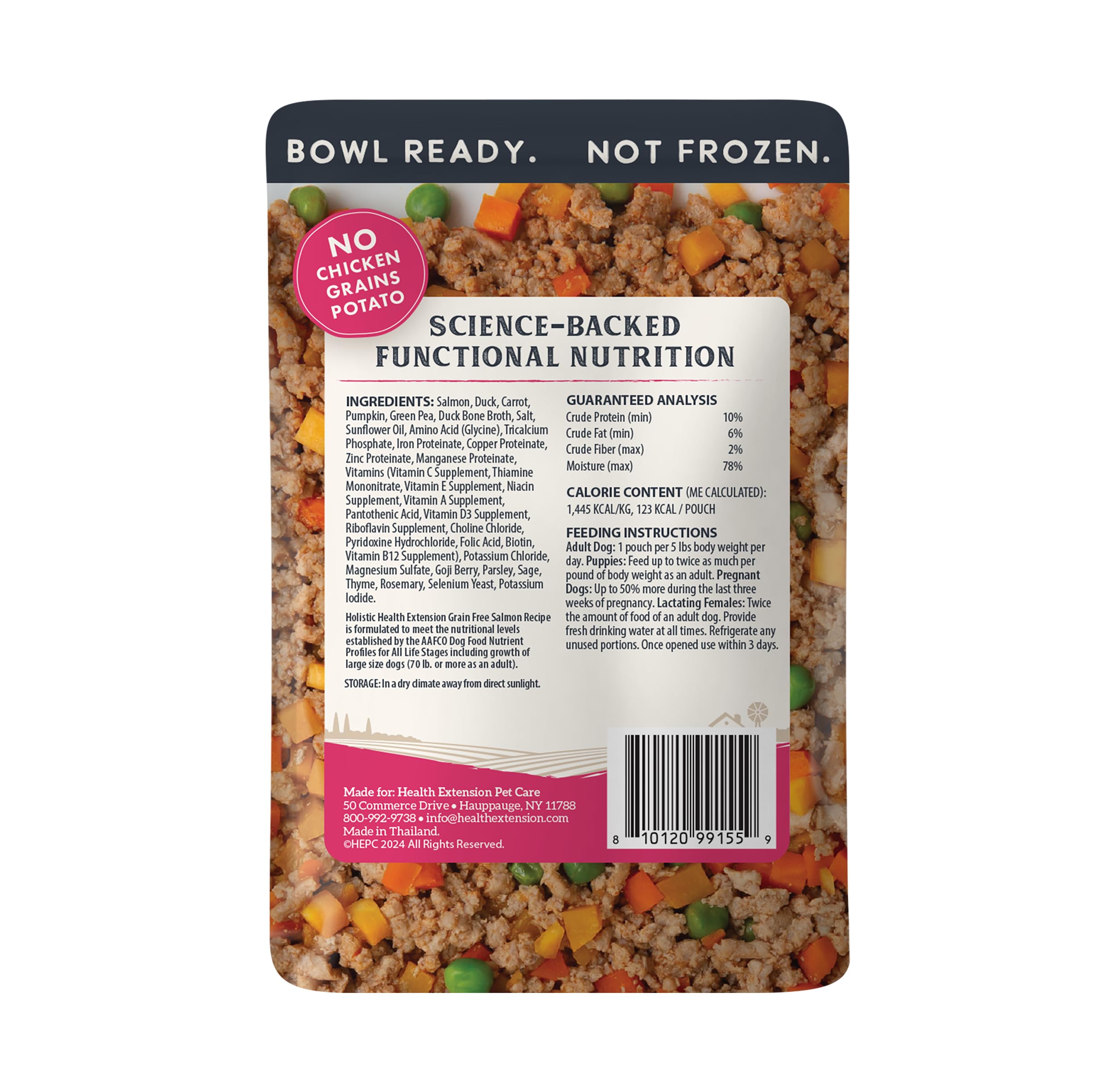 Packaging of Health Extension Gently Cooked Salmon showing shelf-stable design