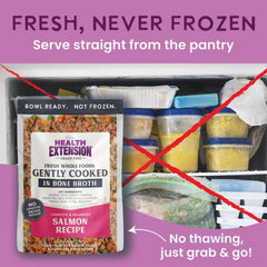 3 oz pouch from Health Extension Gently Cooked Salmon for travel meals