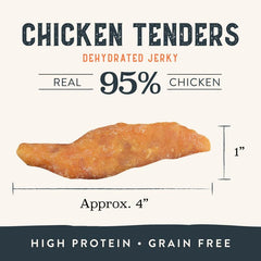 Health Extension Grain-Free Chicken Tenders closeup reveals crispy texture dogs enjoy.