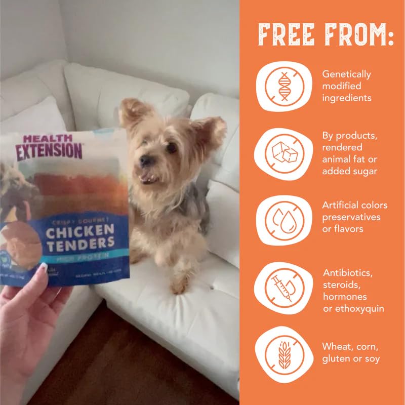 Health Extension Grain-Free Chicken Tenders ingredients closeup emphasizes simple recipe.
