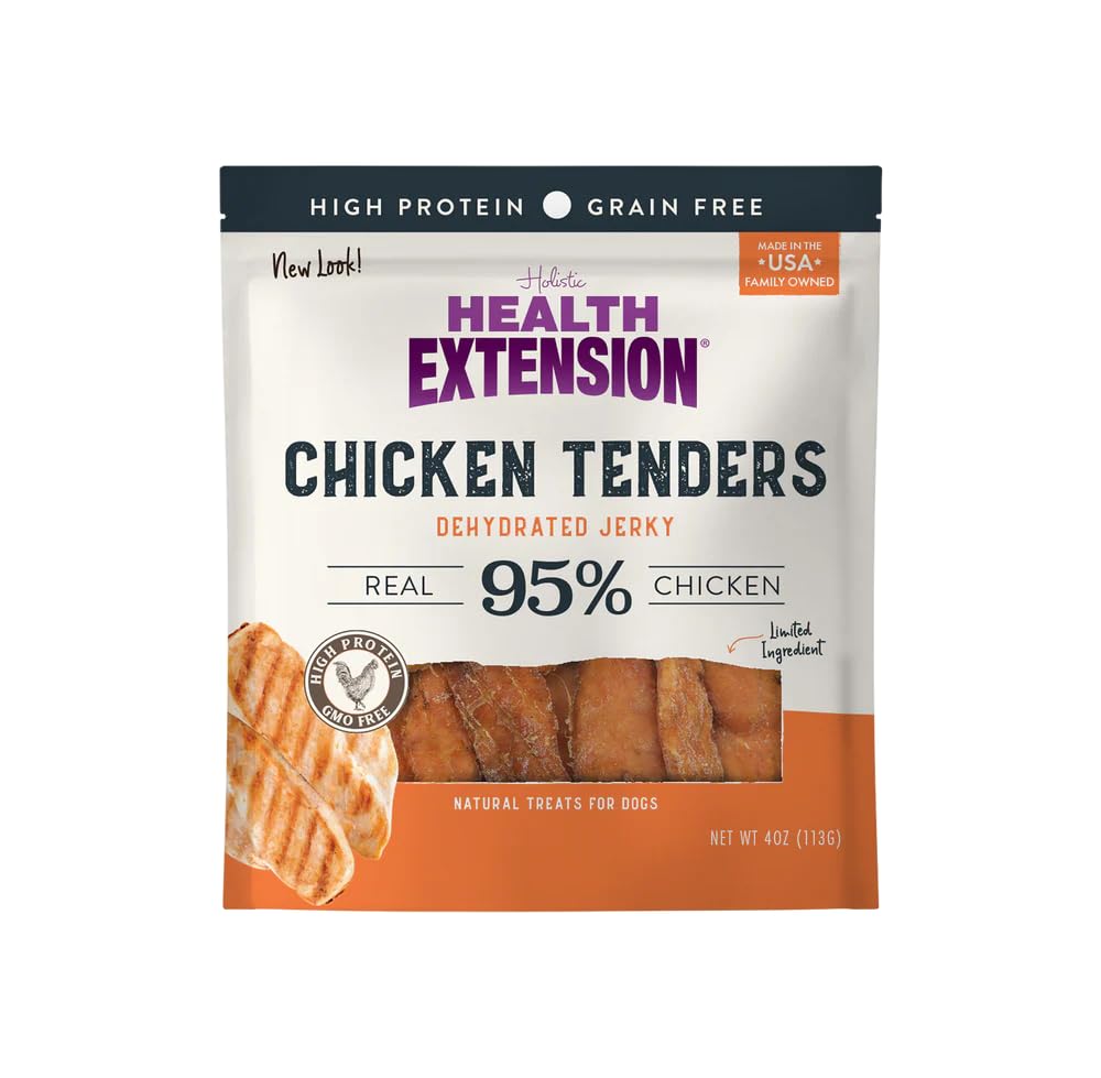 Health Extension Grain-Free Chicken Tenders packaging shown for easy portioning.