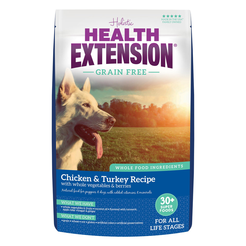 Health Extension grain-free chicken-turkey dog food bag front for all life stages.