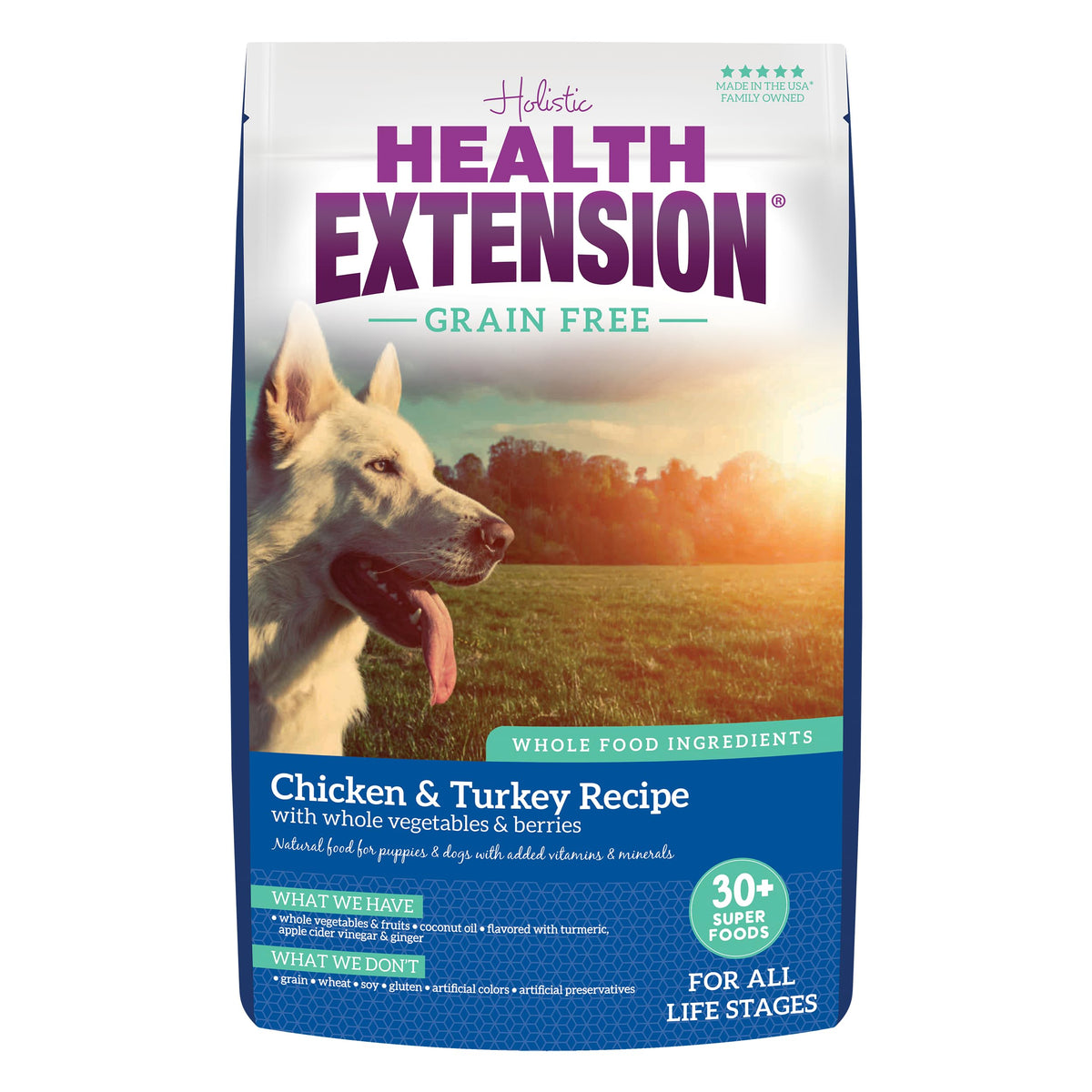 Health Extension grain-free chicken-turkey dog food bag front for all life stages.