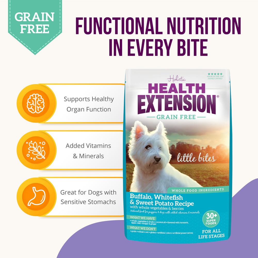 Health Extension grain-free formula label highlights buffalo and whitefish as first ingredients.