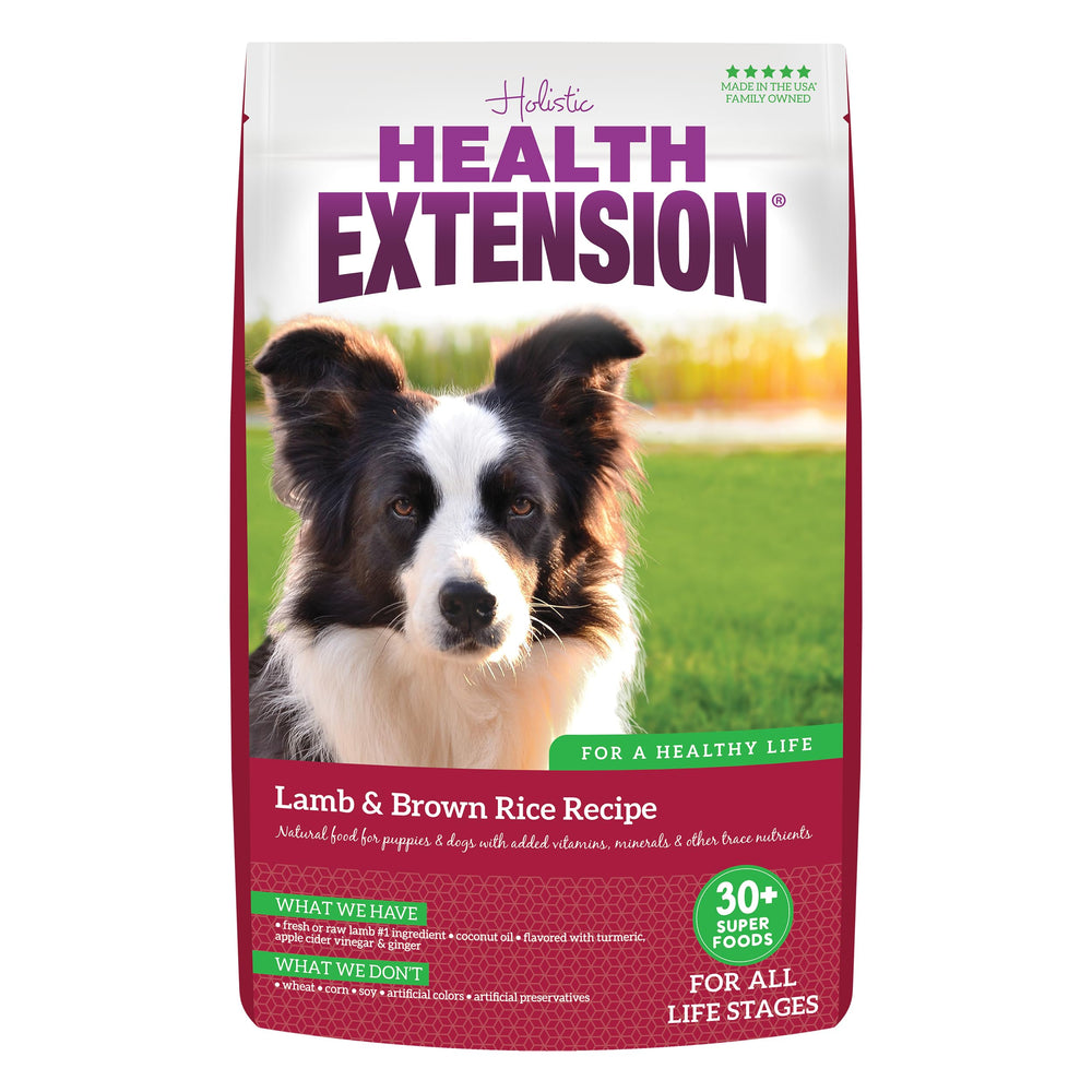 Health Extension Lamb First Ingredient bag highlights lean protein for steady energy.