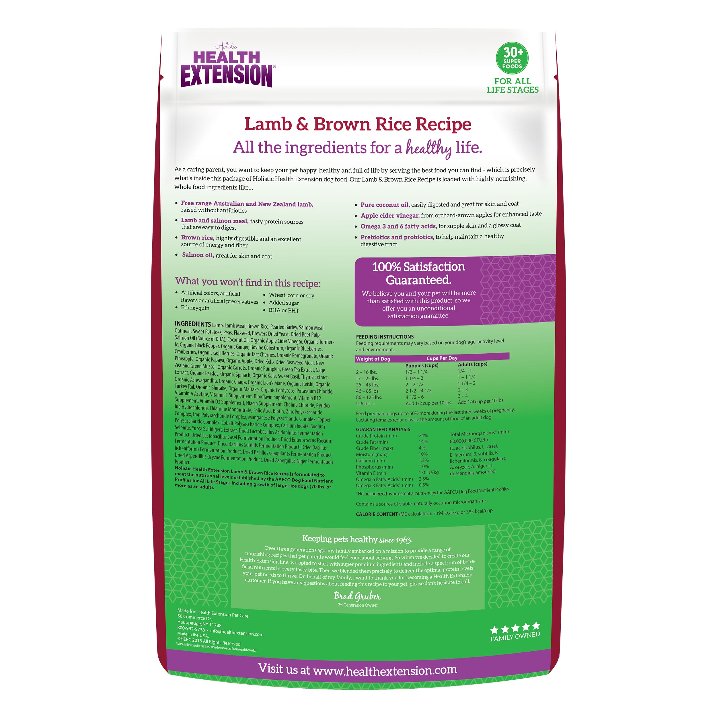 Close-up of Health Extension lamb-first kibble emphasizes high protein for active dogs.
