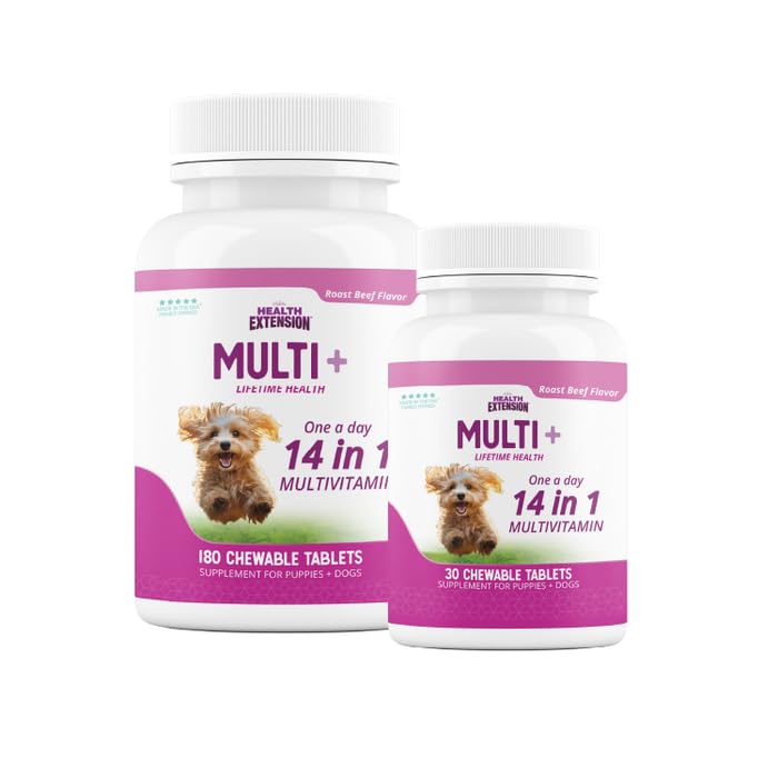 Happy dog beside Health Extension multivitamin chew for everyday wellness.