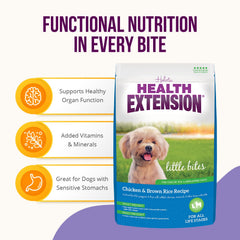 Health Extension Little Bites deboned chicken first; lean protein supports active toy breeds.