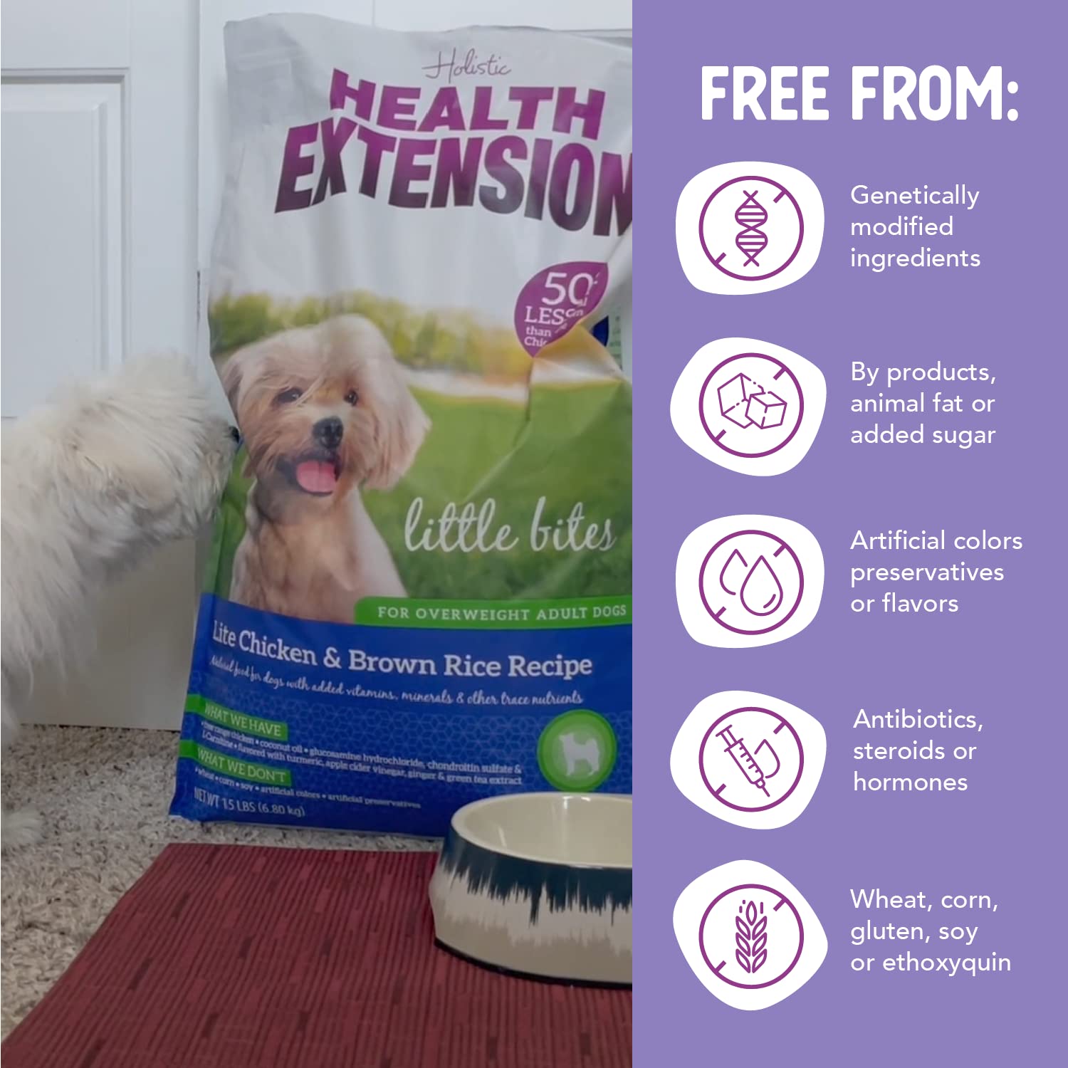 Health Extension Little Bites Lite includes glucosamine, chondroitin, and L-Carnitine for mobility.