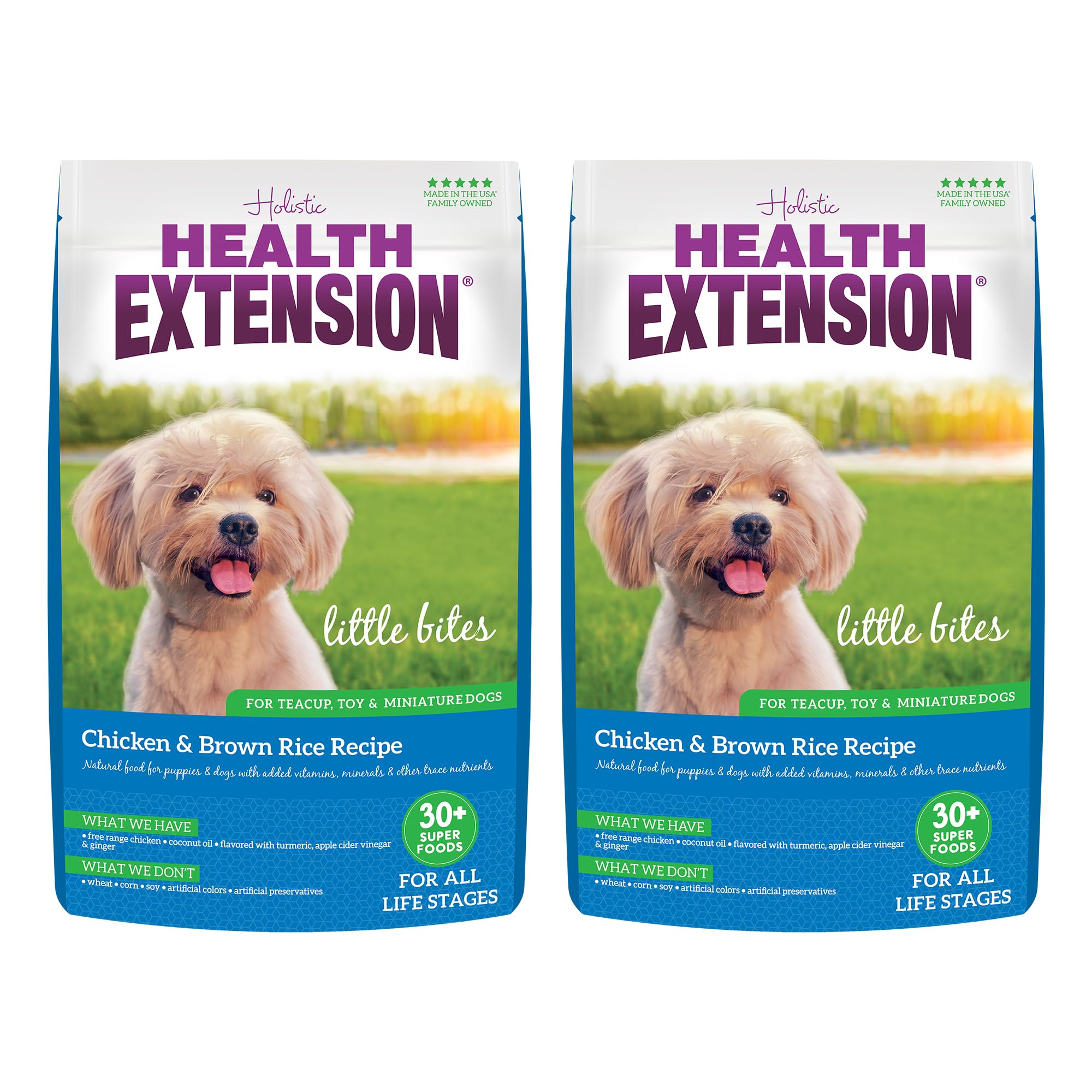 Health Extension Little Bites small-breed kibble supports easy eating for teacup dogs.
