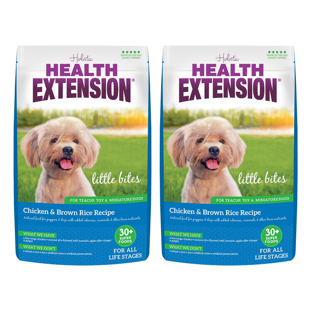 Health Extension Little Bites small-breed kibble supports easy eating for teacup dogs.