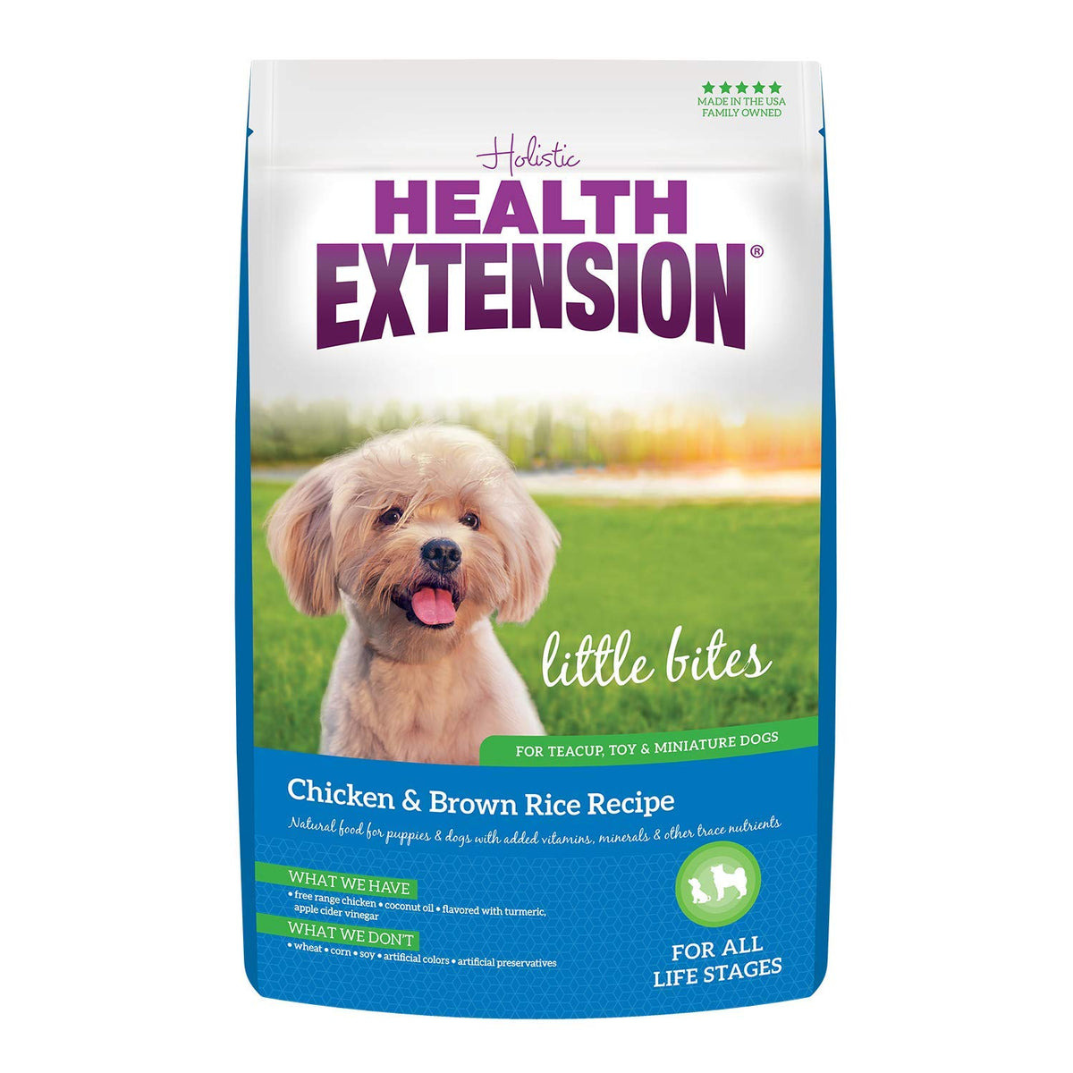 Health Extension Little Bites small-breed kibble for tiny dogs, designed for easy chewing