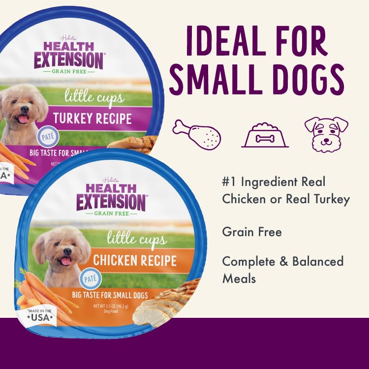 Health Extension Little Cups easy-digest protein shown for small breeds during daily meals.