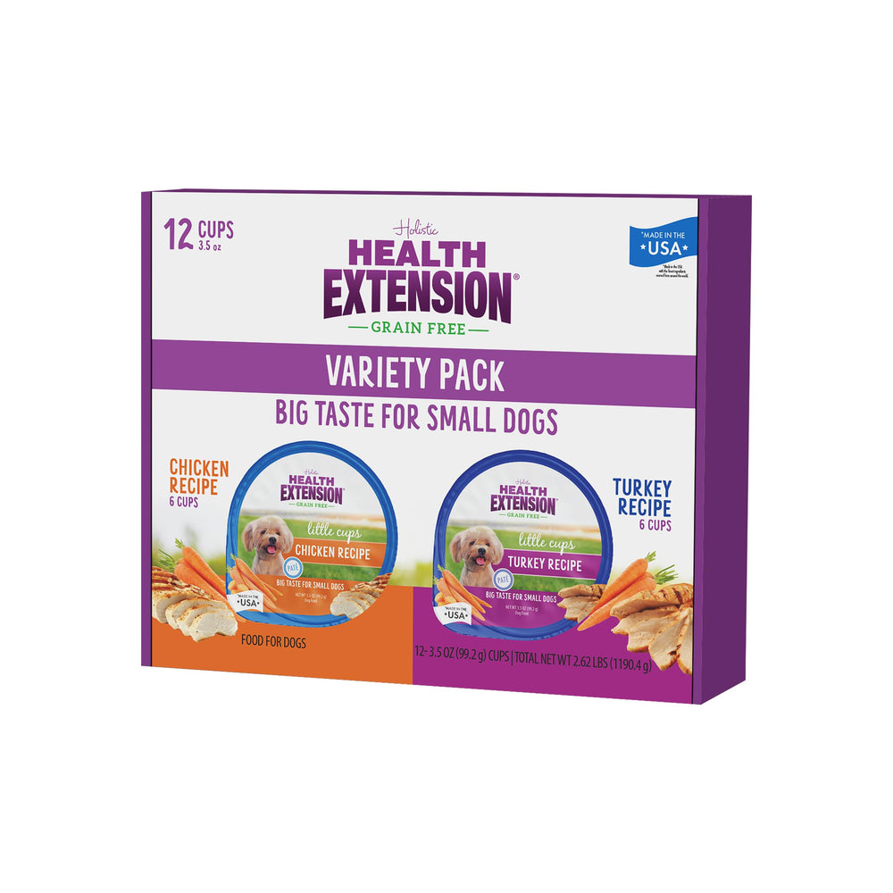 Health Extension Little Cups turkey variety box front provides easy-to-serve meals for picky small breeds.
