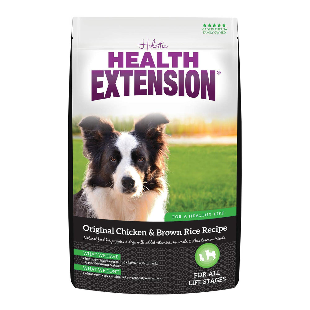 Health Extension Original chicken brown rice bag front highlights quality protein and complete nutrition