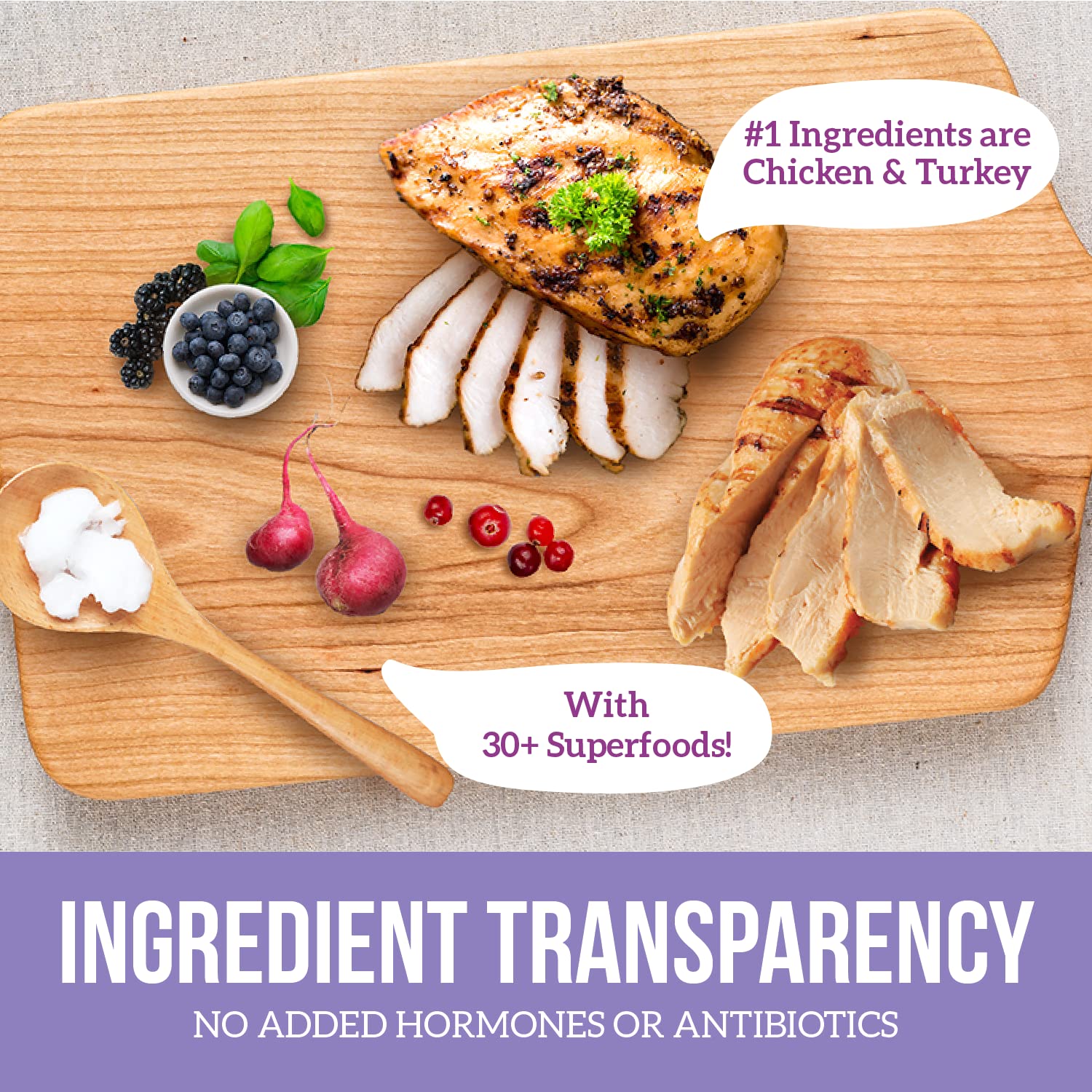 Health Extension grain-free chicken and turkey dog food bag on shelf.