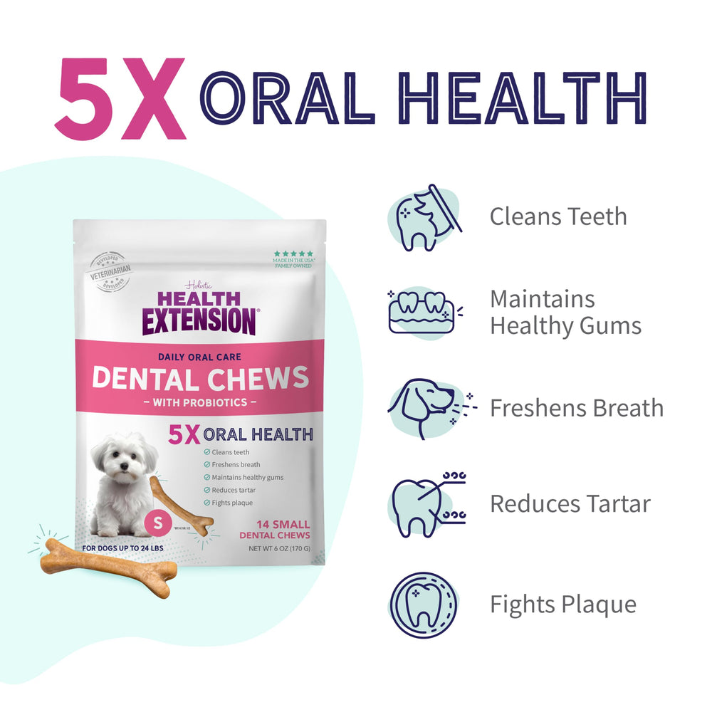 Health Extension Probiotic Dental Bones parsley-infused formula promotes fresher breath after chewing.