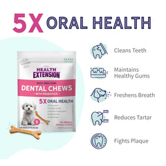 Health Extension Probiotic Dental Bones parsley-infused formula promotes fresher breath after chewing.