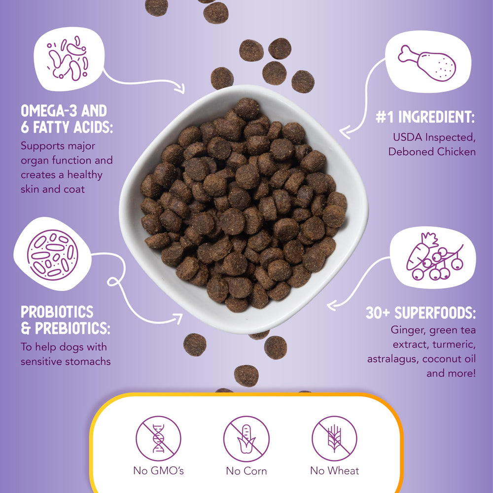 Health Extension probiotics for digestive health in dog food packaging.