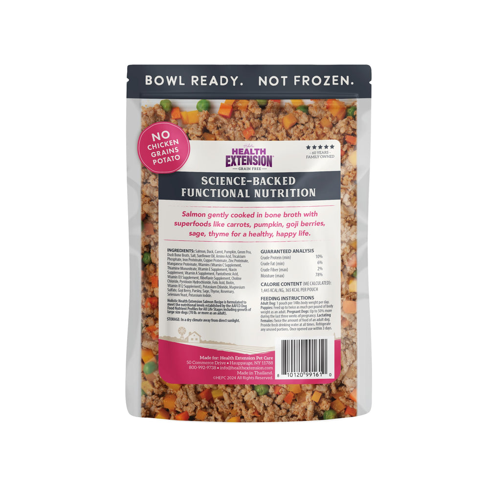 Serving Health Extension salmon dog food in a bowl showing home-cooked appeal