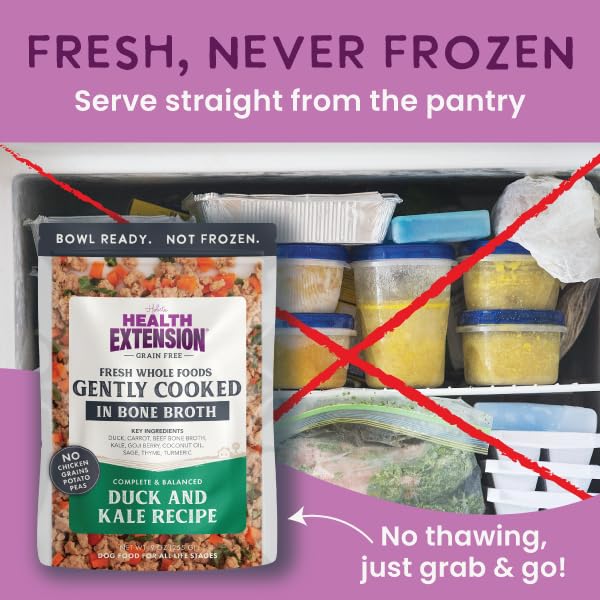 Health Extension Gently Cooked Duck & Kale shelf-stable packaging demonstrates mess-free convenience