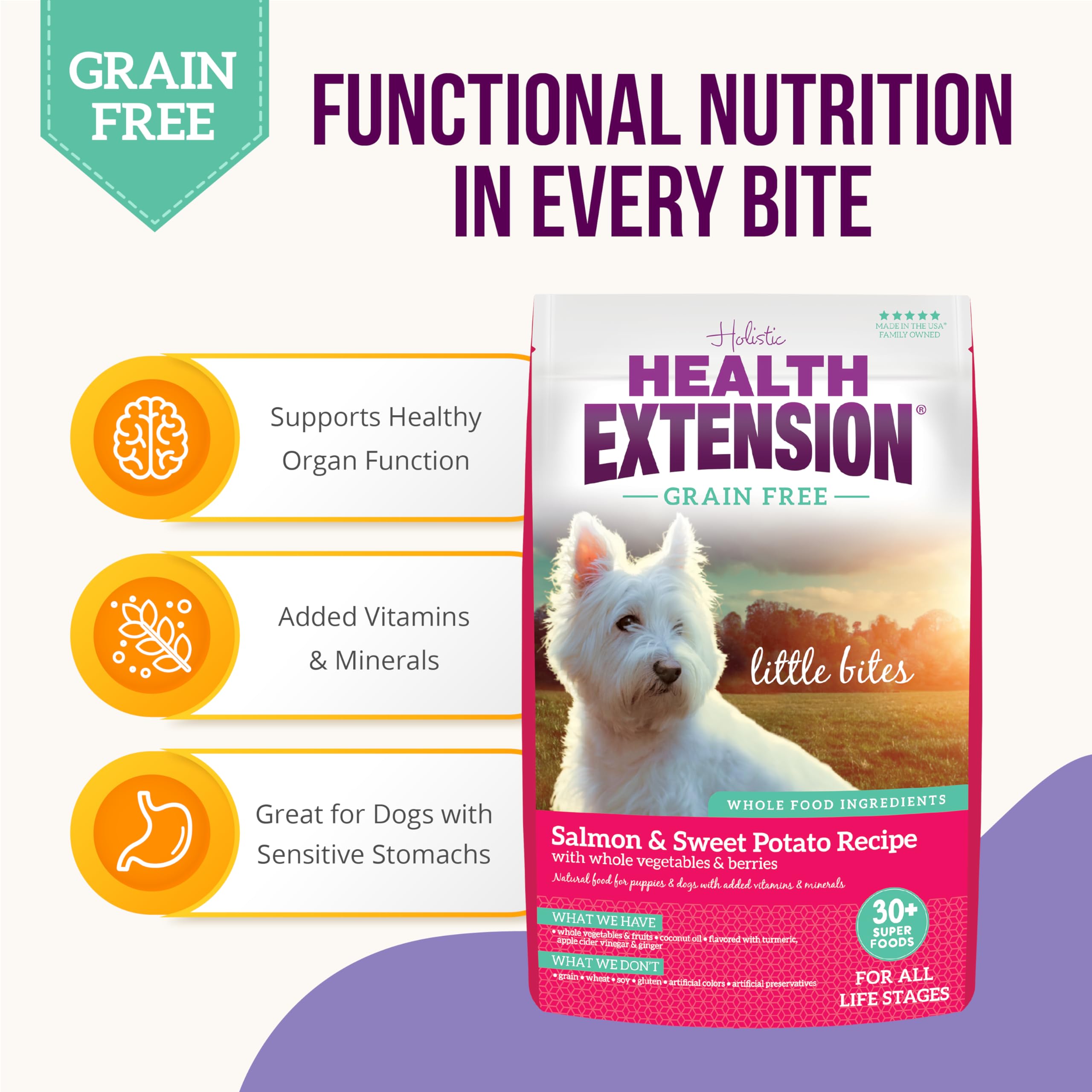 Health Extension small-breed pieces close-up, gentle texture for tiny mouths.