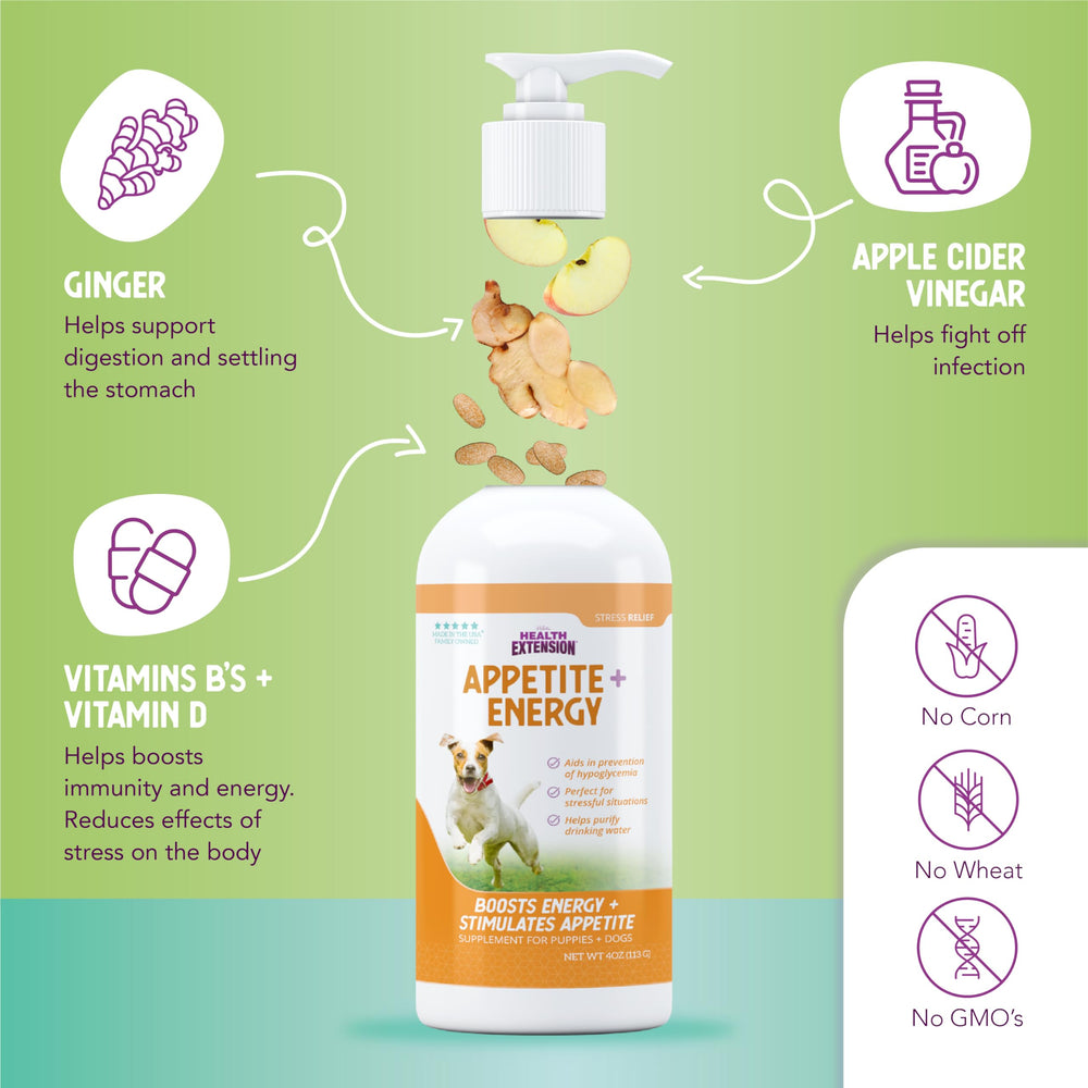 Health Extension Stress Relief provides energy support during stressful moments for dogs.