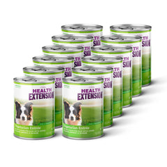 Health Extension Vegetarian Entrée wet dog food can showing plant-based recipe
