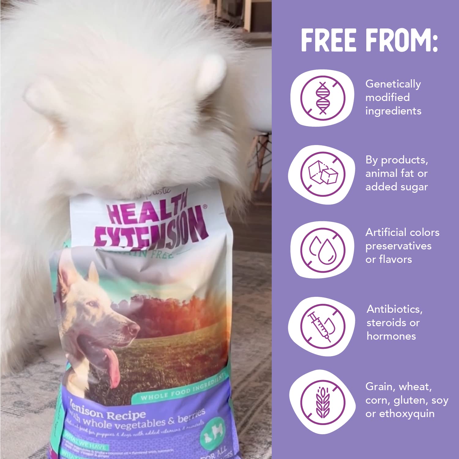 Health Extension venison dry dog food ingredients list featuring venison and garden vegetables.