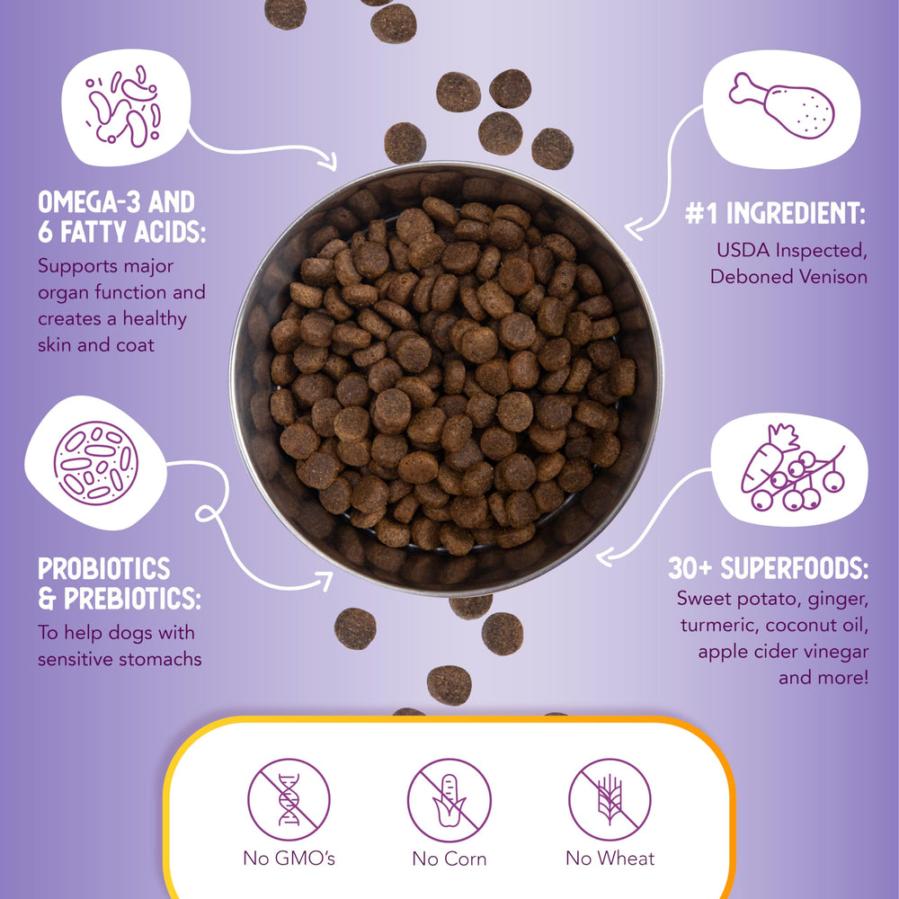 Health Extension venison dry dog food packaging highlighting 30+ superfoods.
