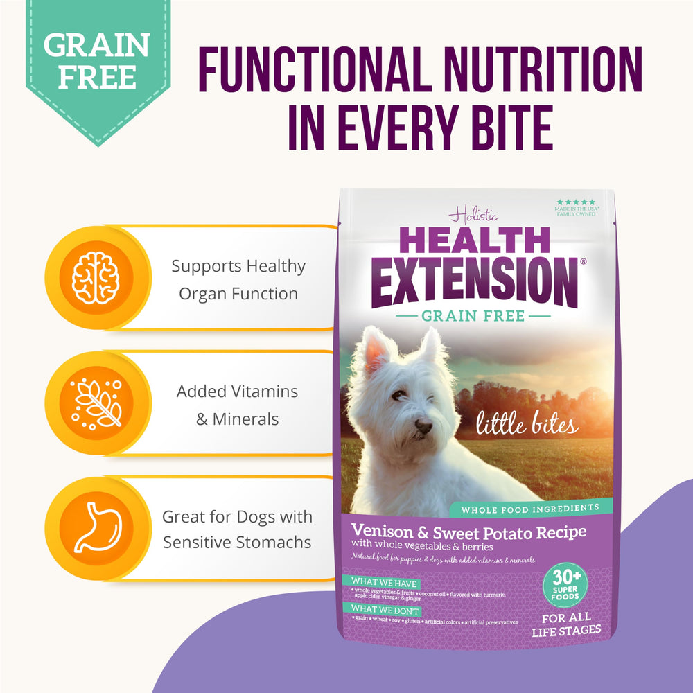 Health Extension venison-first ingredient kibble highlights lean protein for durable energy.