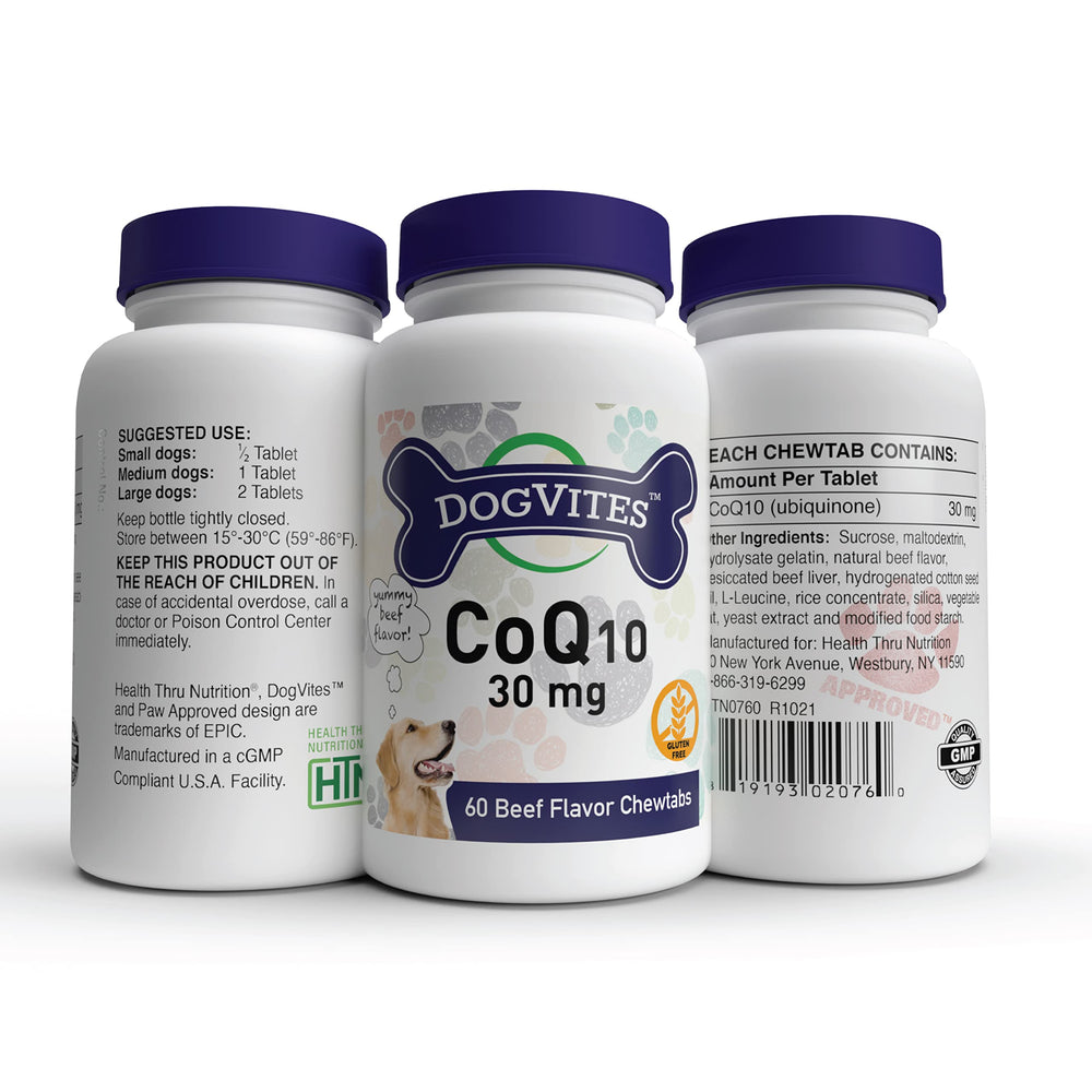 Health Thru Nutrition Dog-Vites CoQ10 label close-up emphasizing quality and safety.