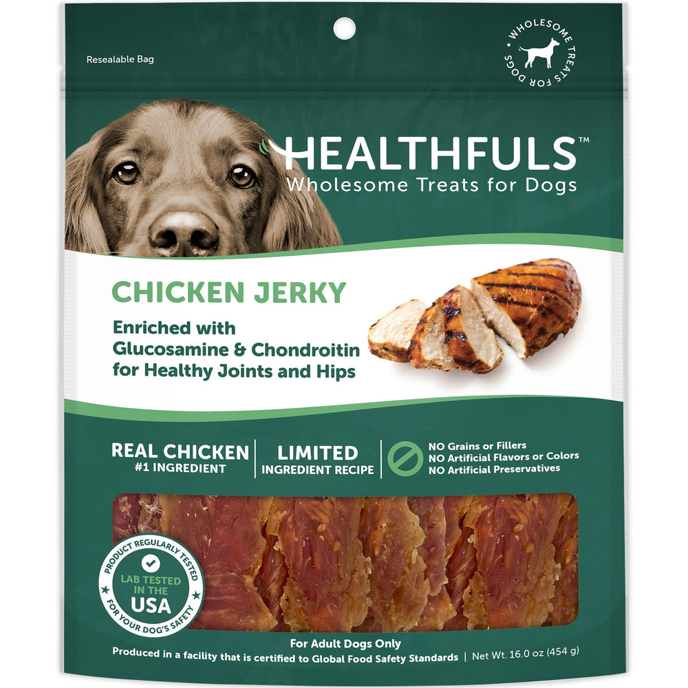 Healthfuls Chicken Jerky Dog Treat Pack showing real chicken for protein-packed snacking.