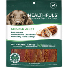 Healthfuls Chicken Jerky Dog Treat Pack showing real chicken for protein-packed snacking.