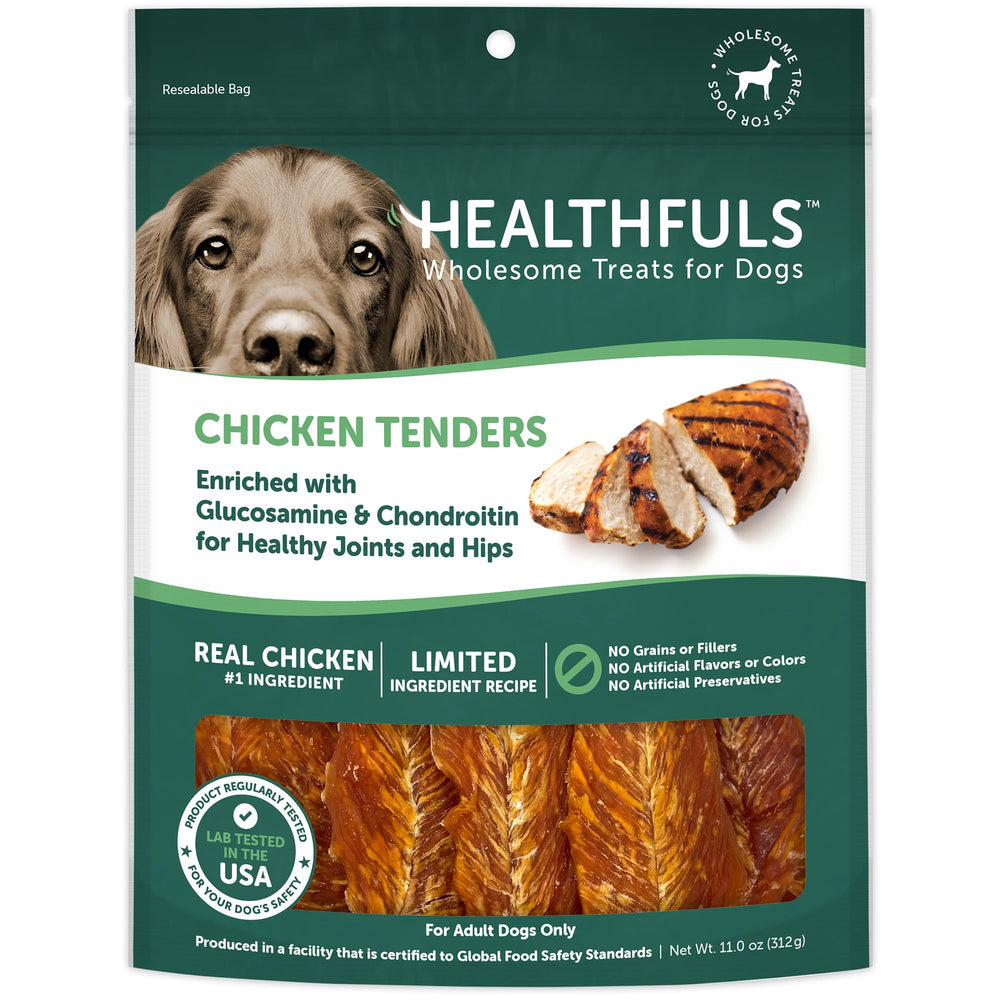Healthfuls Chicken Tenders bag front, showcasing high-protein, natural chicken treats for dogs.