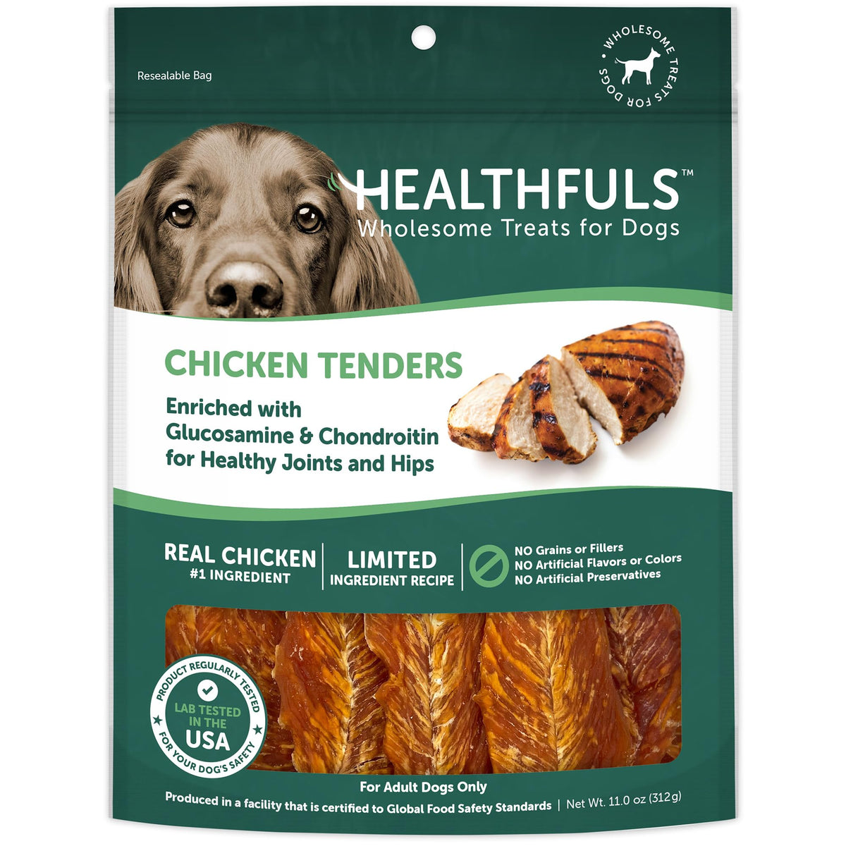 Healthfuls Chicken Tenders bag front, showcasing high-protein, natural chicken treats for dogs.