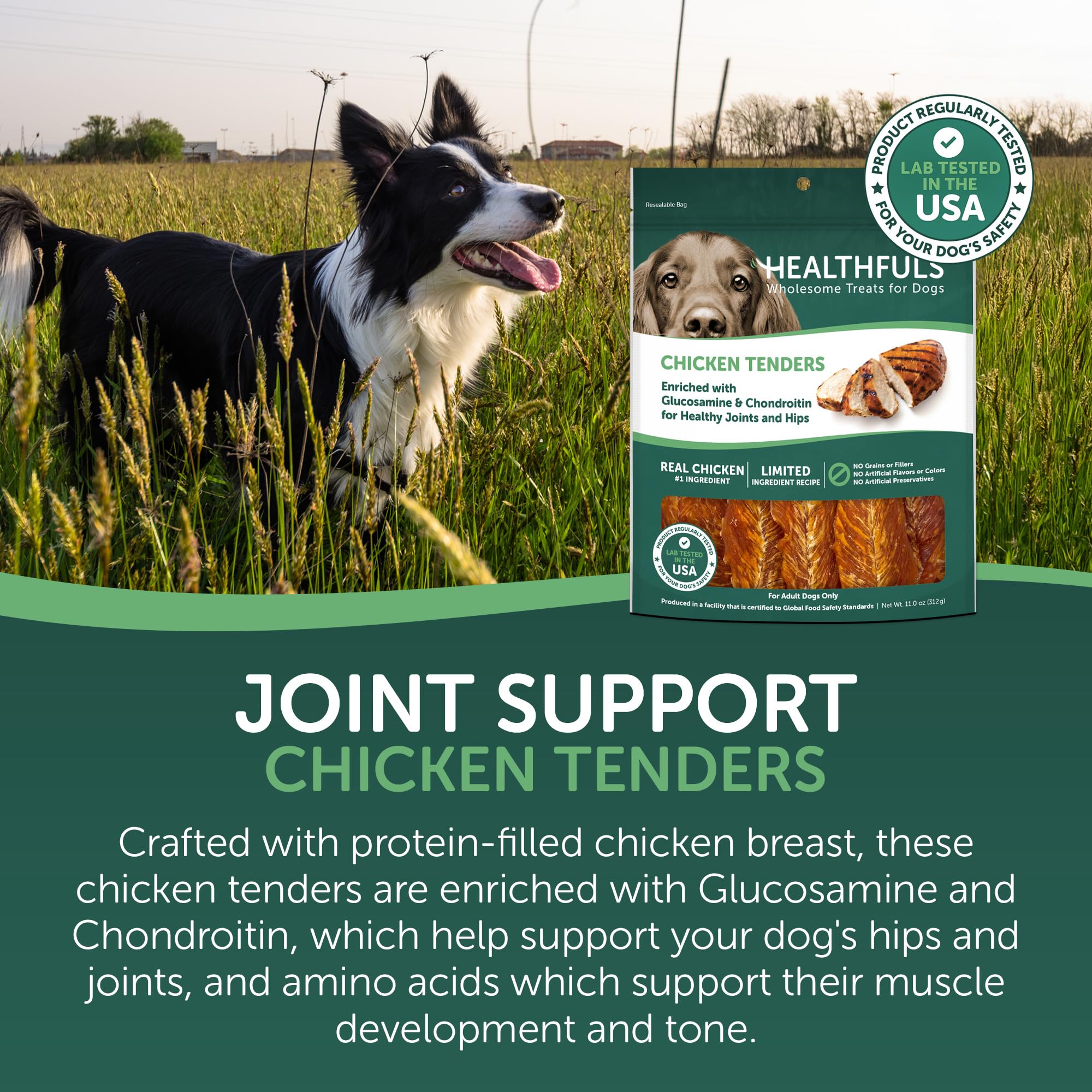 Healthfuls Chicken Tenders ingredients panel closeup highlighting glucosamine and chondroitin support.
