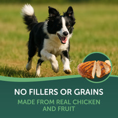 Healthfuls Chicken Wrapped Fruit packaging label shot emphasizes USA lab-tested safety and quality.