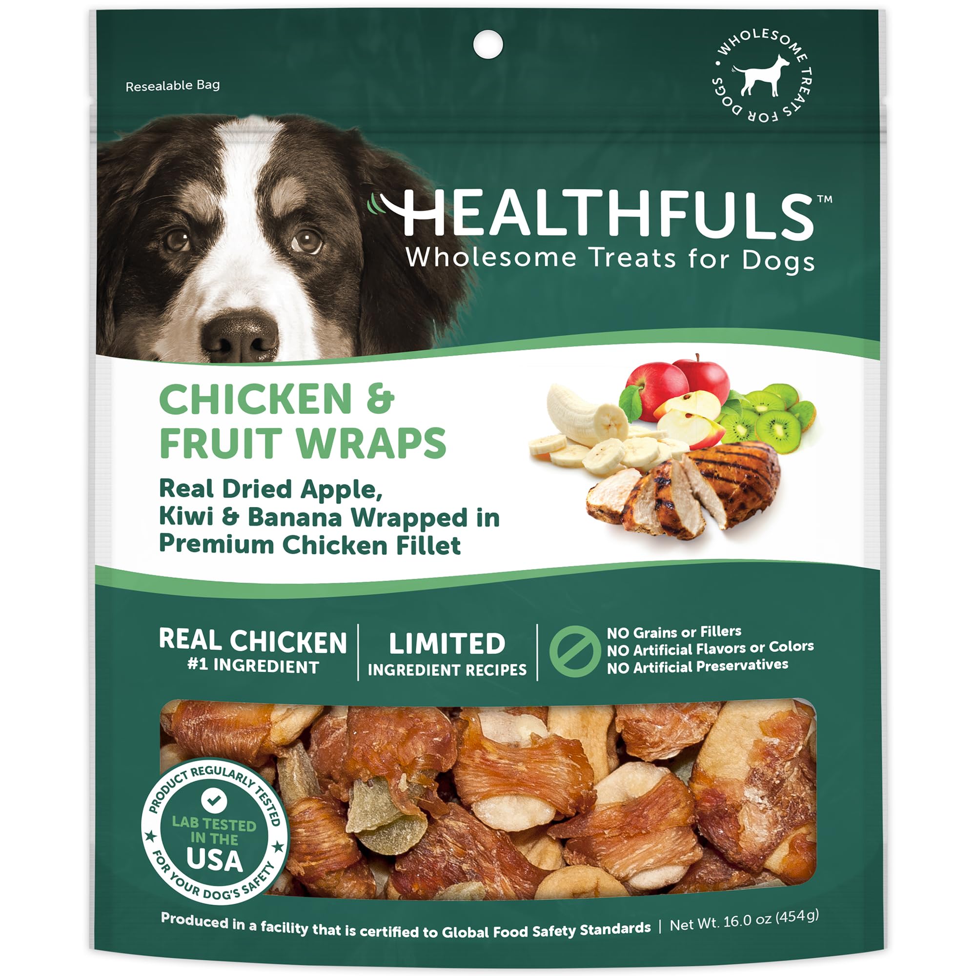 Healthfuls Chicken Wrapped Fruit treats closeup shows premium protein and natural fruit aroma for rewards.