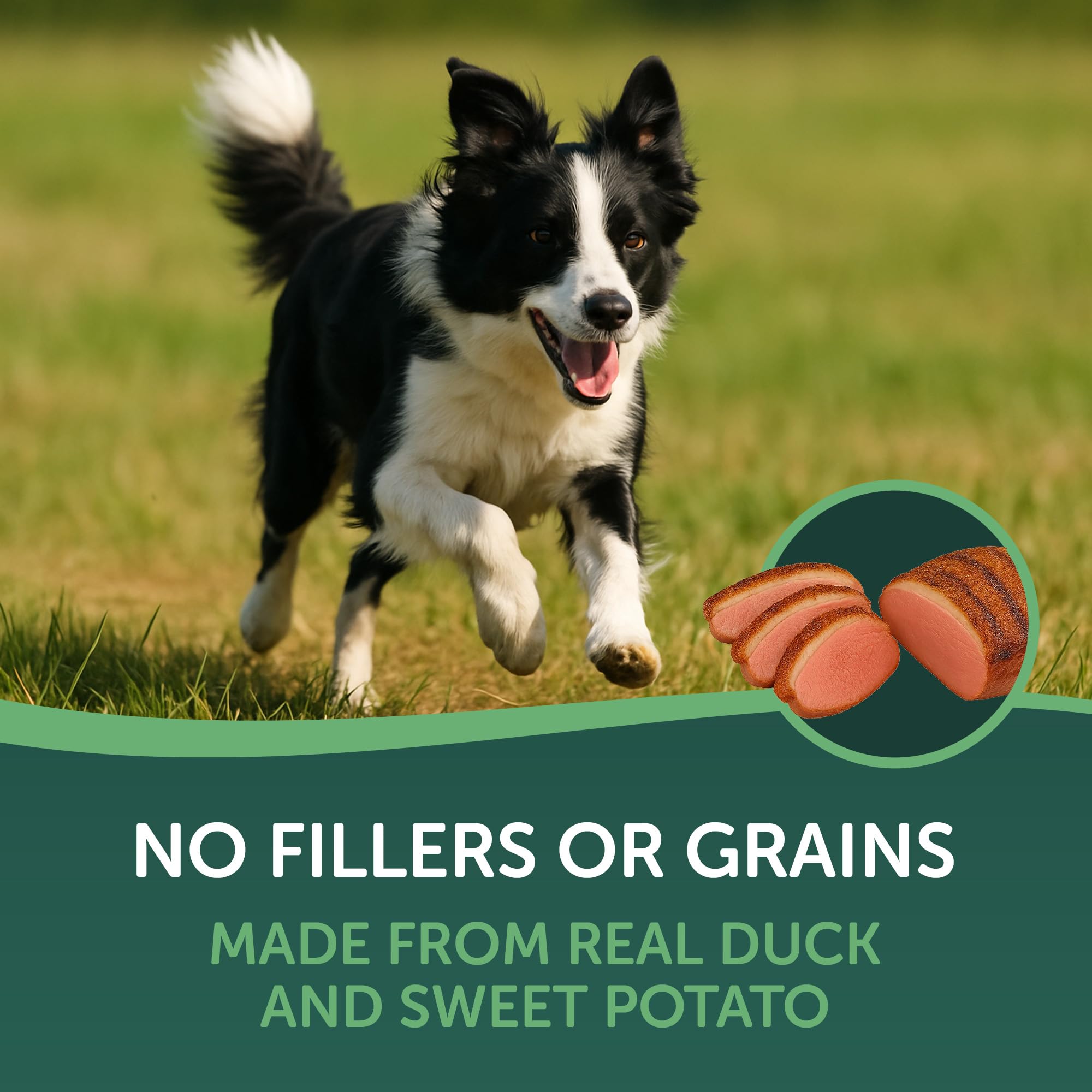 Healthfuls duck and sweet potato treats enjoyed by a happy dog