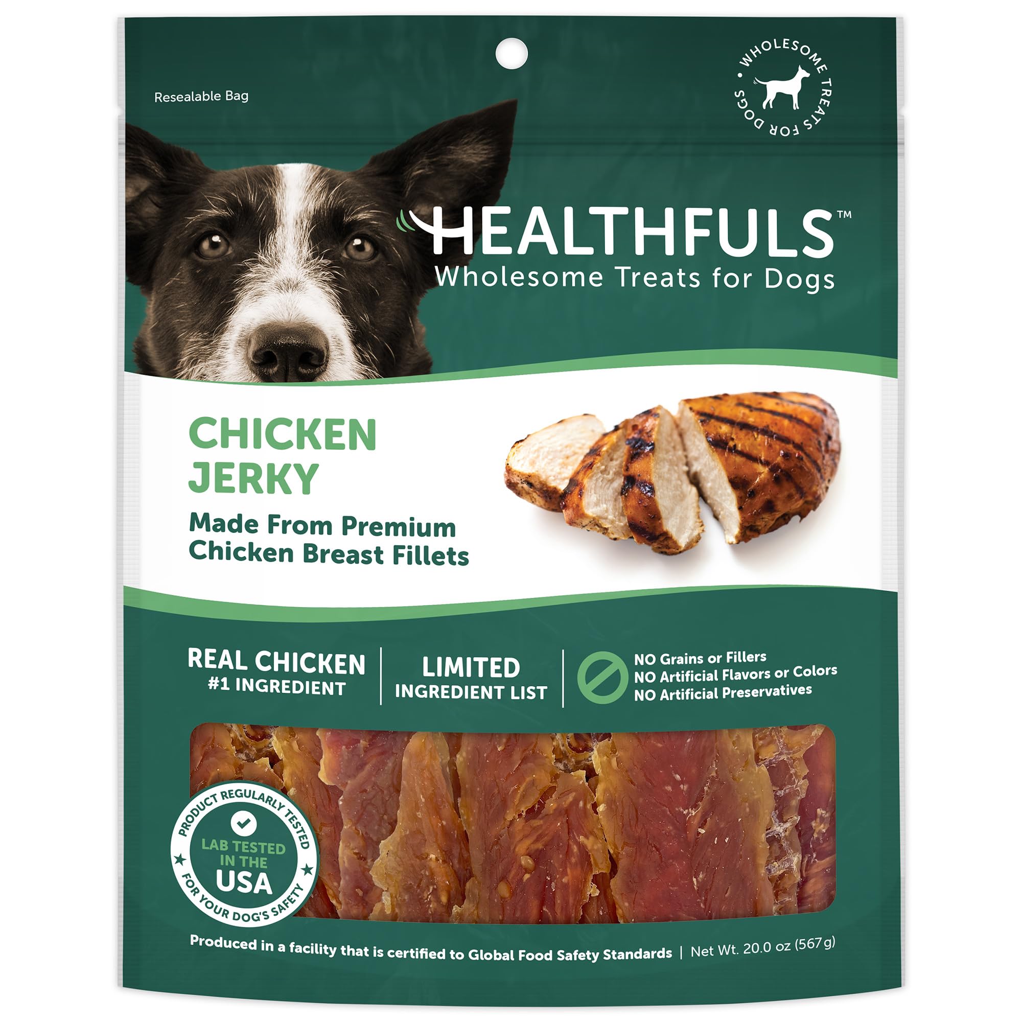 Healthfuls Wag Tails Jerky chicken tenders in a savory treat for dogs