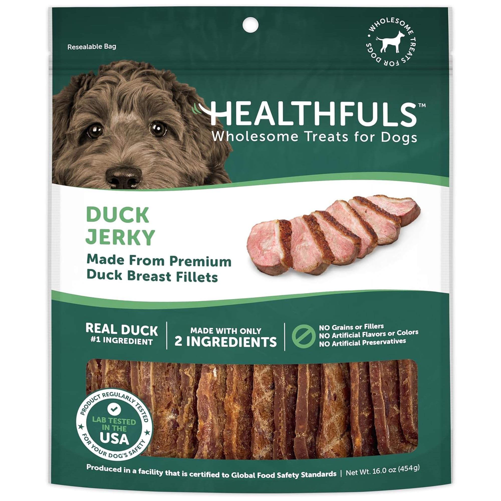 HEALTHFULS Westminster Wag N Tails duck jerky bite close-up for high-protein training reward