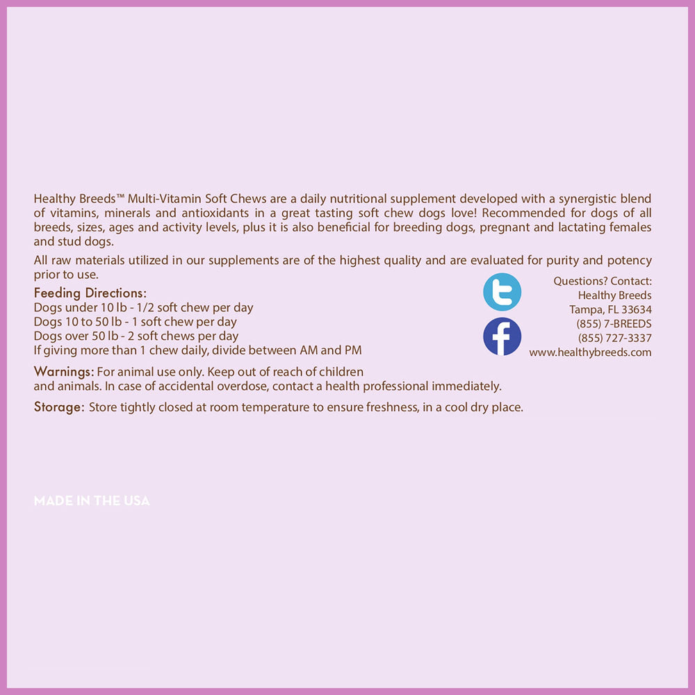 Healthy Breeds French Bulldog soft chews ingredients label shows quality nutrients