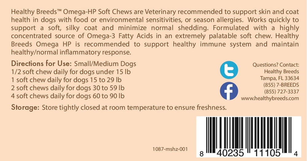 Healthy Breeds Omega HP soft chews label closeup emphasizing purity and veterinary backing.