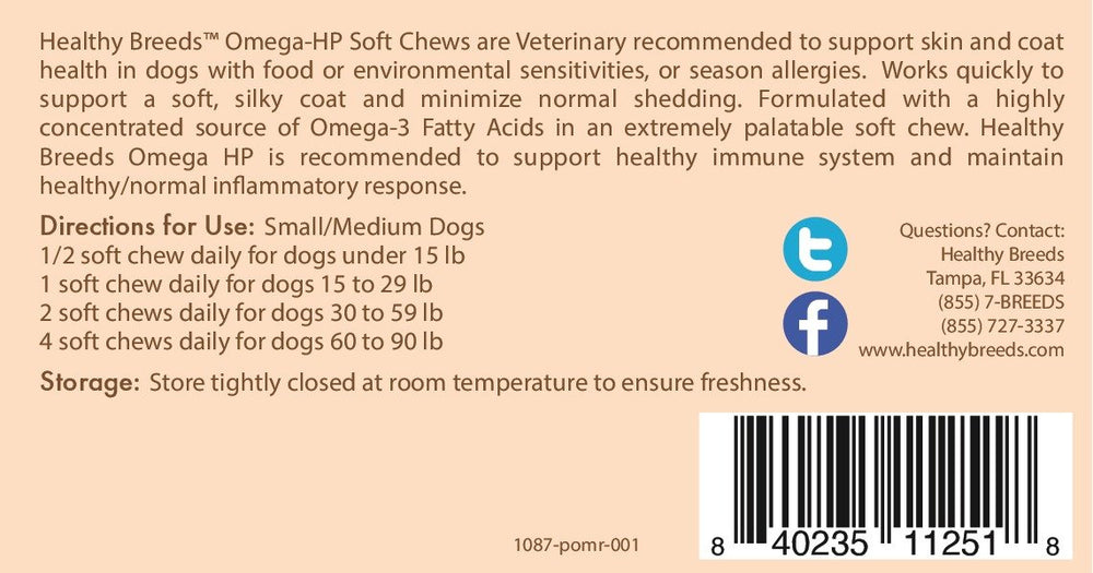 Healthy Breeds Omega HP Soft Chews packaging showing USA made quality